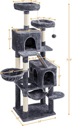 Yaheetech Cat Tree, 71.5in Cat Tower for Indoor Cats, Cat Tree with 2 Cozy Condos, 2 Padded Perches, Scratching Posts & Ramp, Hammock, Cat House Activity Center, Dark Gray
