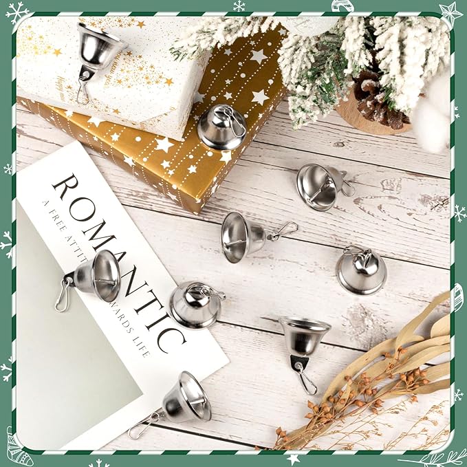 Craft Bells 12 Pcs Small Brass Bells for Crafts, Vintage Silver Hanging Jingle Bells with Spring Hooks for Wind Chimes, Dog Training Doorbell, Mission Project, Wedding, Christmas, Easter & Home Decor