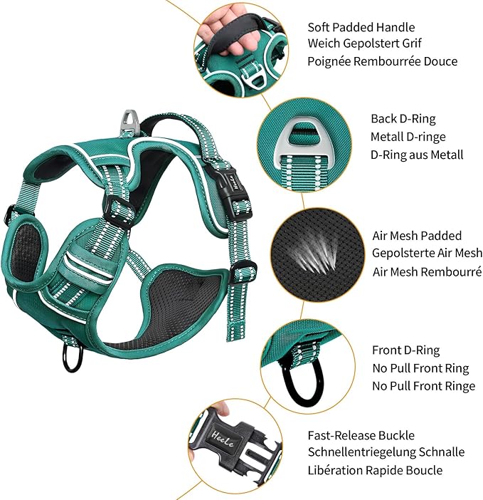HEELE Dog Harness for Large Dogs No Pull Dog Vest Harness for Large Dog with Soft Padded Handle Reflective for Outdoor Training, Grass Green, XL