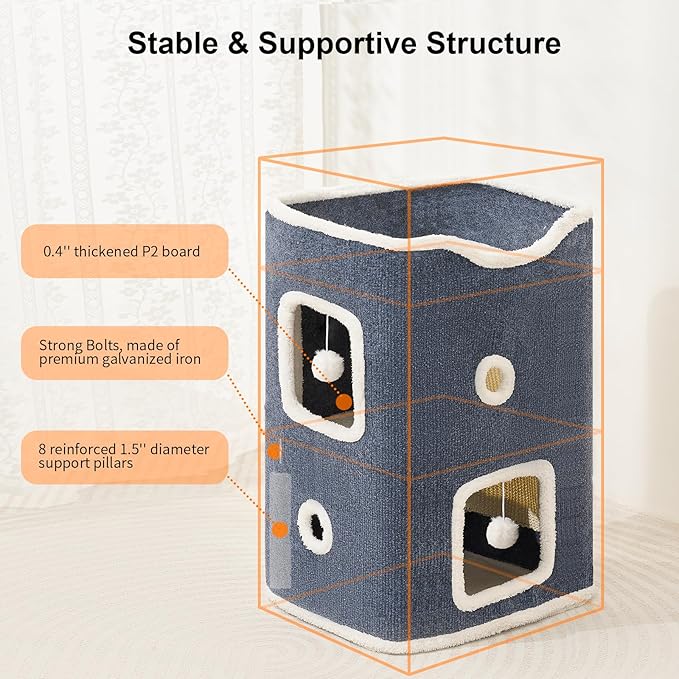 Cat House, Cat Beds for Indoor Cats, 2-Story Cat Condo Cube with Scratch Pad and Fluffy Ball Hanging, Multi-Level Cozy Hideout Center Ideal for Small/Medium Cats