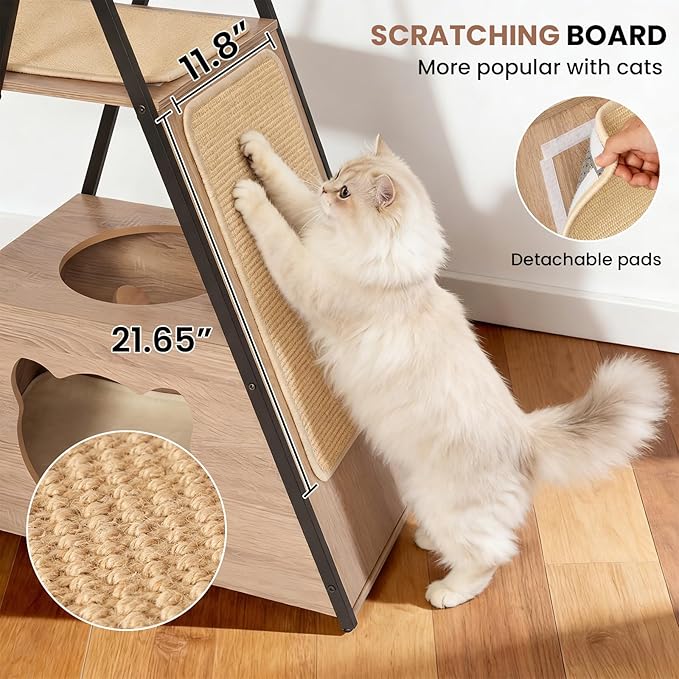 71" Modern Wood Cat Tree for Large Cats - Heavy Duty Tall Cat Tower for Indoor Cats, Multi-Level Cat Furniture with Spacious Condo, Large Perch, Scratching Posts & Hammock(Washed Grey)