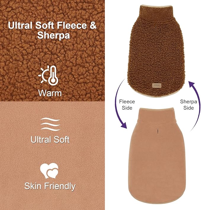 cyeollo Dog Coats Fleece Furry Reversible Turtleneck Sweater Thick Dog Jackets for Winter Warm Clothes Cold Weather Coats for Small Dogs Brown Apparel