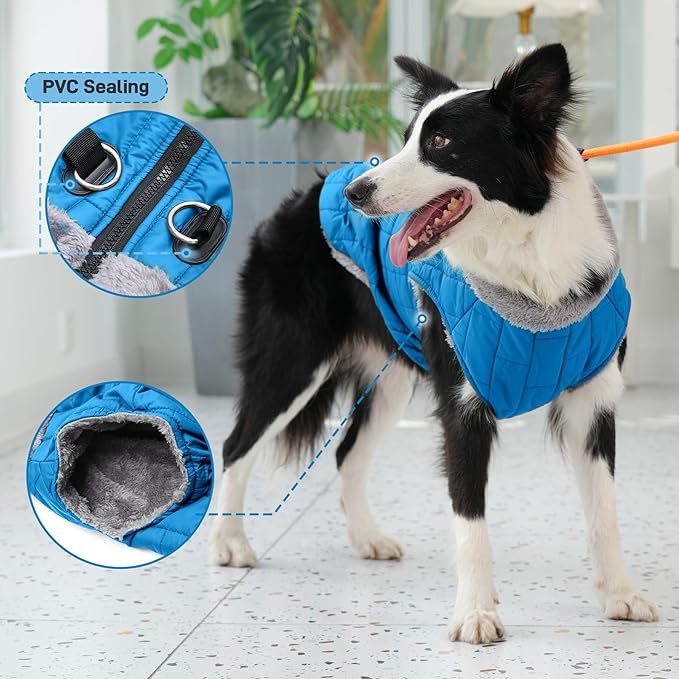 Warm Fleece Dog Coats with Durable Harness Buitl in D-Ring,Waterproof Doggie Jacket for Medium Dogs,Dog Vest for Cold Winter,Light Blue L