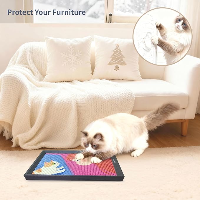 Art Cat Scratcher, Wall Mounted Sisal Cat Scratcher for Indoor Cats 17.01x13.1x1.18 Inches, Furniture Protector, Cat Scratch Rug, Decorative Cat Wall,Easy Install,No Drilling
