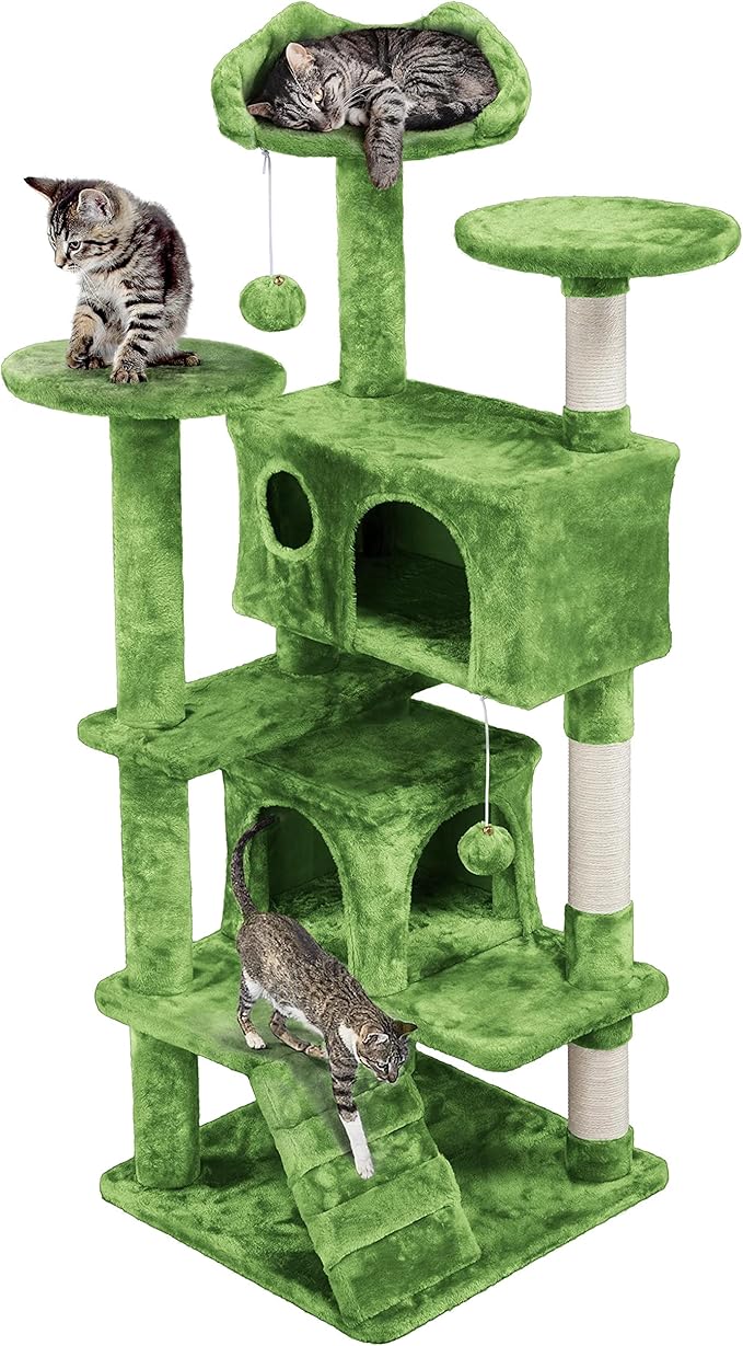 Topeakmart 54in Cat Tree with Scratching Posts Spacious Condos Furry Hanging Ball Cat Climbing Tower for Indoor Cats and Kittens, Green