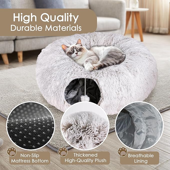 Cat Tunnel Bed for Indoor Cats, Peekaboo Cat Cave with Washable Soft Play Mat, Furry Cat Tube, for Kitten/Puppy/Rabbit, Brown
