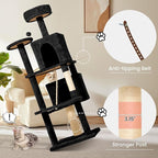 58.5inch Large Cat Tree Tower Condo for Indoor Cats, Soft Plush Multi-Level Climbing Tree Cat House with Cat Cave, Scratching Post, More Entrance/Exit, Sisal Rope, Night Black