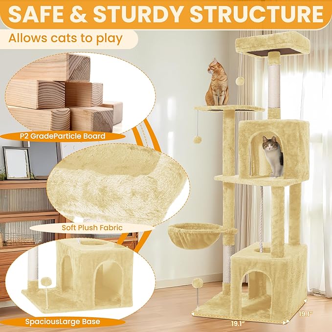 Cat Tree, 54-Inch Cat Tower for Indoor Cats,Plush Multi-Level Cat Condo with Scratching Posts, Basket, Perches,2 Caves,2 Pompoms(Beige)