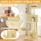 Cat Tree, 54-Inch Cat Tower for Indoor Cats,Plush Multi-Level Cat Condo with Scratching Posts, Basket, Perches,2 Caves,2 Pompoms(Beige)