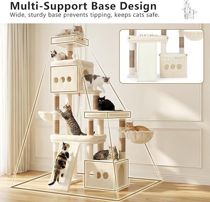 Heybly Cat Tree, 72.4-Inch Anti-Tip Cat Tower for Large Cats, All-in-One Cat Furniture with Spacious Perches, Multiple Interactive Areas, Extra-Large Sisal Scratching Board, Beige HCT060M