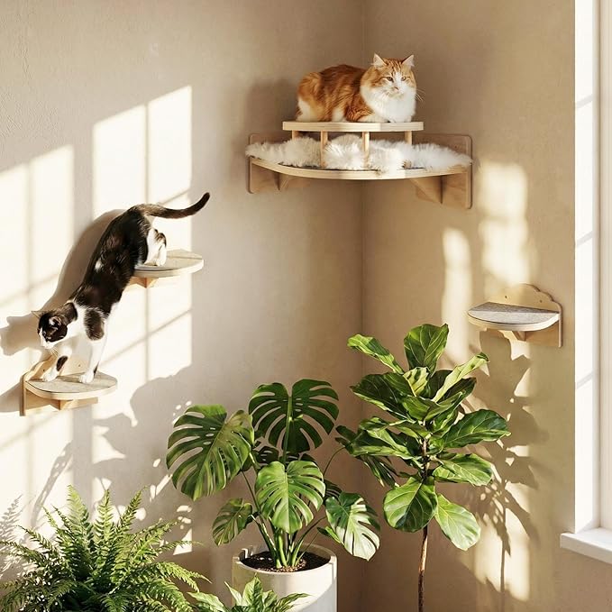 Cat Shelves for Wall, Corner Cat Wall Shelf with 3 Wide Steps, Wooden Wall Mounted Cat Shelf for Indoor Cats, 30 lb Capacity, Removable Plush Pads, Cat Climbing Perch Set for Large Cats