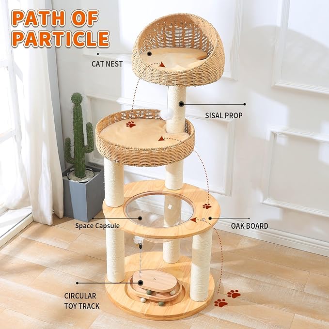 Cat Tree for Indoor Cats, 59'' Multi-Level Solid Wood Tower for Large Adult Cats, Heavy Duty Design with Sisal Scratching Posts, Teaser Wand, Hanging Plush Ball, Interactive Ball Track Base