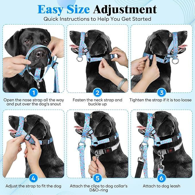HIGO Dog Head Collar, Adjustable Head Collar for Dogs, No Pulling Head Halter, Training Nose Leash, 3 Pattern Muzzle Leash for Small Medium Large Dogs Easy Walking (Blue, S)
