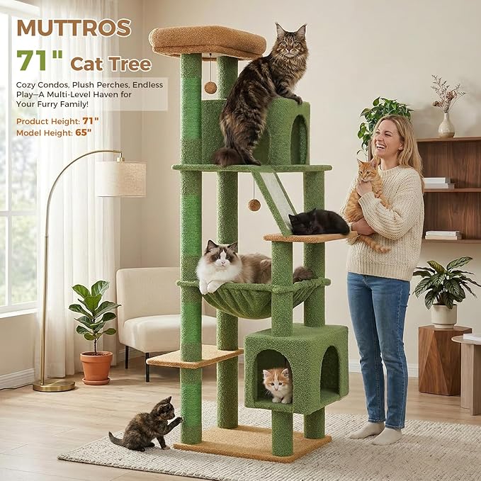 71” Cactus Cat Tree for Large Cats, Extra Stable Tall Cat Tower with Oversized Hammock, 2 Condos, Sisal Scratching Posts, Vertical Multi-Level Cat Tree for Indoor Multi-Cat Homes