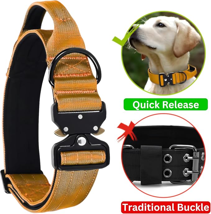 Heavy Duty Tactical Dog Collar, Adjustable Nylon with Metal Buckle, Multiple Colors (Orange, L)
