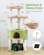 Heavy Duty Cat Tree for Large Cats Adult - 60 Inch XXL Sturdy Cat Tower Condo with Extra Wide Scratching Posts (φ4.4in) Big Cat House Hammock Perch - Indoor Wood Modern Multi Level Corner Cat Bed