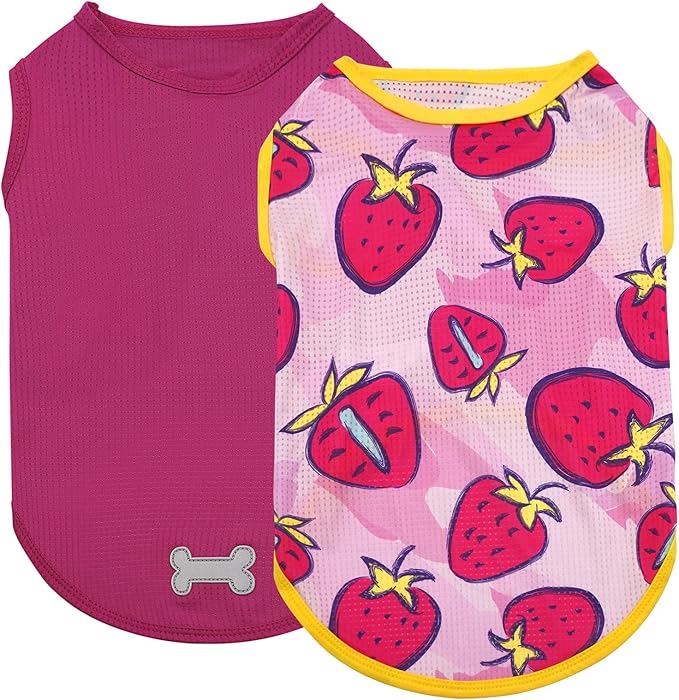 KYEESE 2Pack Dog Shirt, Lightweight Sun Protection Dog T Shirts for Medium Large Dogs Girl, Breathable Mesh Tank Top Sleeveless Pet Reflective Vest, Soft Summer Dogs Clothes, Strawberry+Rose Red, 2XL