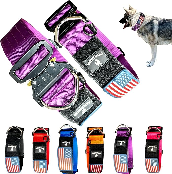 Tactical Dog Collar 2 Inch Wide Thick Heavy Duty Military Style with Metal Buckle, Adjustable for Medium - Large Breeds, Durable K9 Training Gear with Patch Area, USA Flag Patch, Strong and Secure Fit