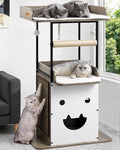 Wood Modern Cat Tree Tower for Indoor Large Cats,48-Inch Tall Wooden Cat Trees with Big Perch Bed, Multi-Level Condo with Scratching Board and Posts, Removable Pads, Cat Furniture, Greige