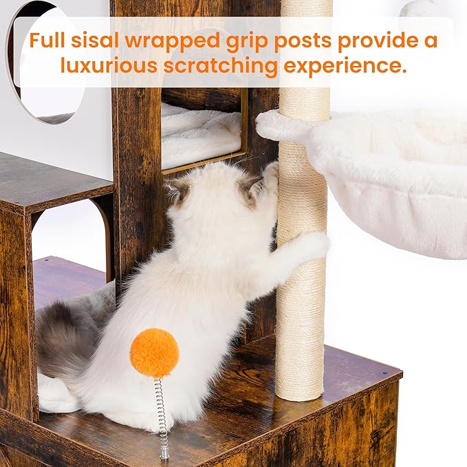 Heybly Cat Tree with Litter Box Enclosure for Indoor Big Cat, Cat Tower for Large Cats 20lbs Heavy Duty, Modern Cat Condo Furniture with Scratching Posts, Rustic Brown HCT110SR