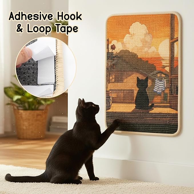 Sisal Cat Scratching Pad - Shedding-Resistant Wall Scratcher Mat for Indoor Cat, Kitten Art Print Sunset Scratching Mats for Carpet Couch Furniture with Adhesive Hook Loop Tape(24 * 16in)