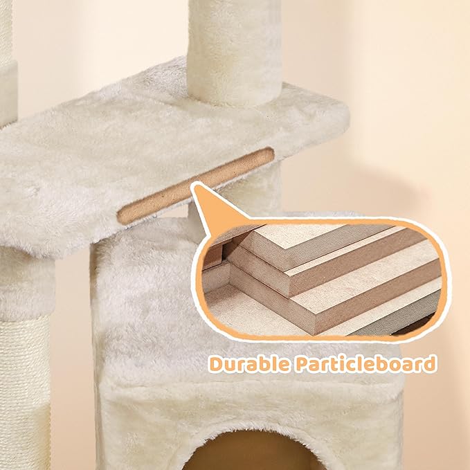 Yaheetech Cat Tree, Multi Level Climbing Tower for Indoor Cats, Pet Activity Center Scratching Post Indoor Furniture Bed with Basket for Kittens, Beige