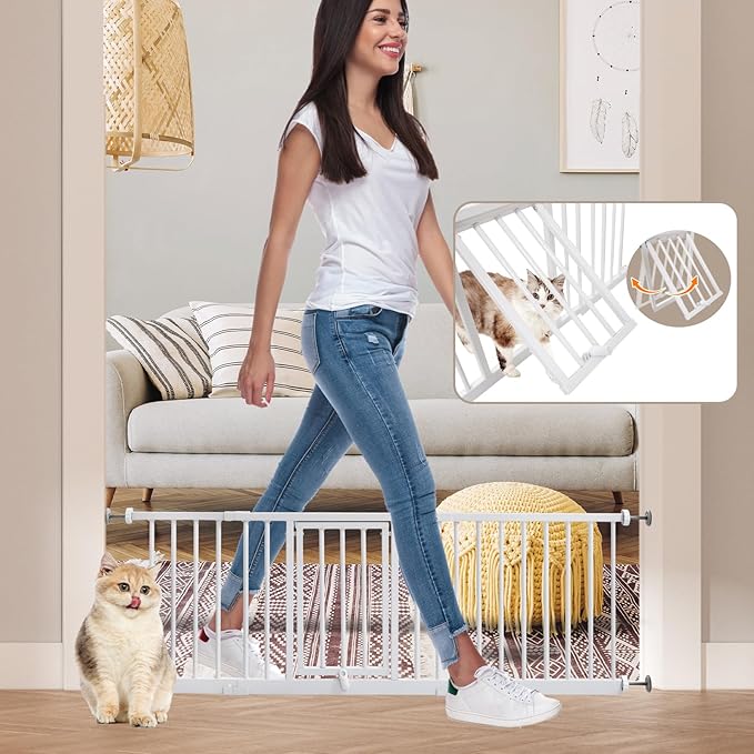 18" Height Short Dog Gate with Small Cat Door, Adjustable 18"-48" Extra Wide Pet Gate with 4 Extension Kits Pressure Mounted for Doorways and Stairs, White
