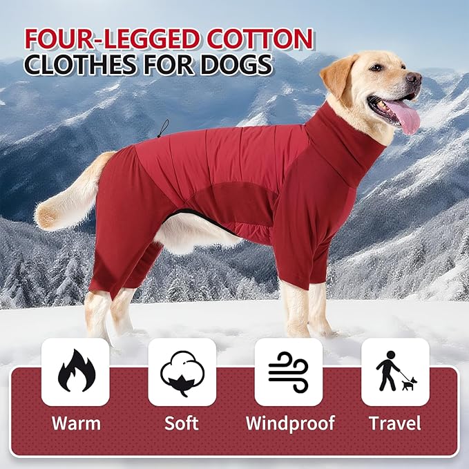 BRKURLEG Full Body Dog Winter Coat Warm Fleece Pullover Pajamas, Four Legs Covered Windproof Dog Jacket for Small to Large Dogs, Turtleneck Dogs Snowsuit, Pet Cold Weather Clothes, Red S