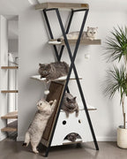 Modern Wood Cat Tree Tower for Indoor Cats Large Adult - 67 Inch Tall Multi-Level Heavy Duty Cat Condo Trees Furniture with Caves Perch Bed Scratching Board -XL Big Wooden Kitty House
