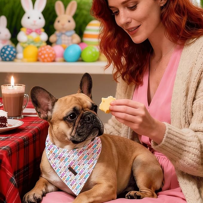 Elegant little tail Easter Dog Bandana, Bunny with Flower 1PC Washable Dog Scarf Female or Male Square Bib Kerchief Scarf Adjustable Pet Bandana for Medium Large Dogs