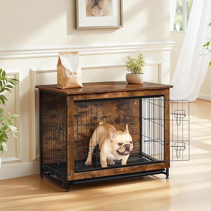 Feandrea 32.5" Dog Crate Furniture, Indoor Dog Cage Side End Table, L Pet Wood Kennel for Large and Medium Dogs up to 45 lb with Multi-Purpose Removable Tray, Double-Door Pet House, Rustic Brown