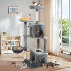 Cat Tree, 54-Inch Cat Tower for Indoor Cats,Plush Multi-Level Cat Condo with Scratching Posts, Basket, Perches,2 Caves,2 Pompoms(Gray)