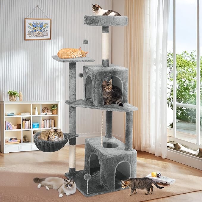Cat Tree, 54-Inch Cat Tower for Indoor Cats,Plush Multi-Level Cat Condo with Scratching Posts, Basket, Perches,2 Caves,2 Pompoms(Gray)