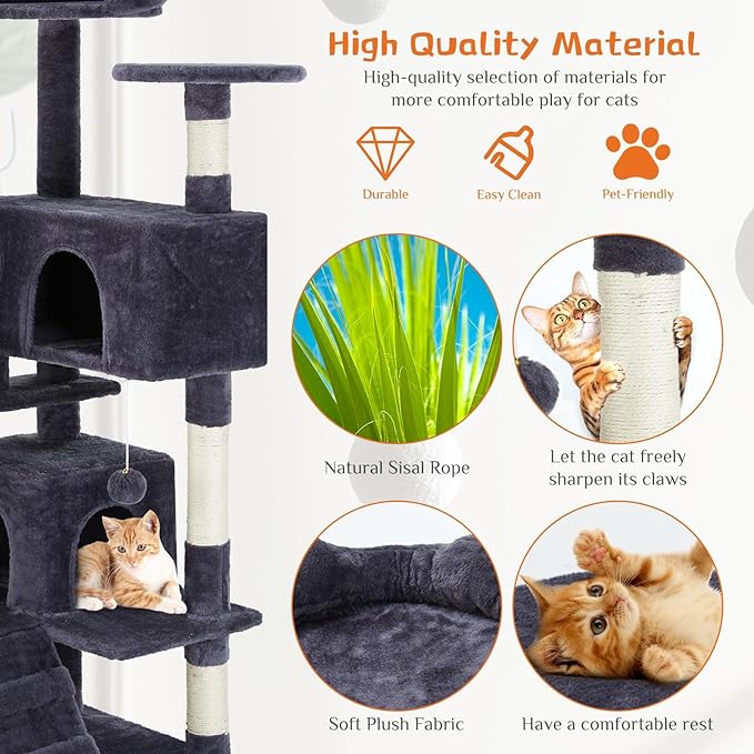 54'' Tall Cat Tree,Cat Climbing Tower with Removable Ball,Cat Tower with Scratching Post,Climbing Plate,Cute Cat Ear Design for Small, Medium Cats,Anti-Tilt Device (Dark Blue)