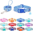 Dog Collar with Leash Airtag Holder Case Set - Dog Collars for Male Female Boy Girl Puppy X-Small Small Medium Large Dogs Walking Running Training - Blue Geometry/M