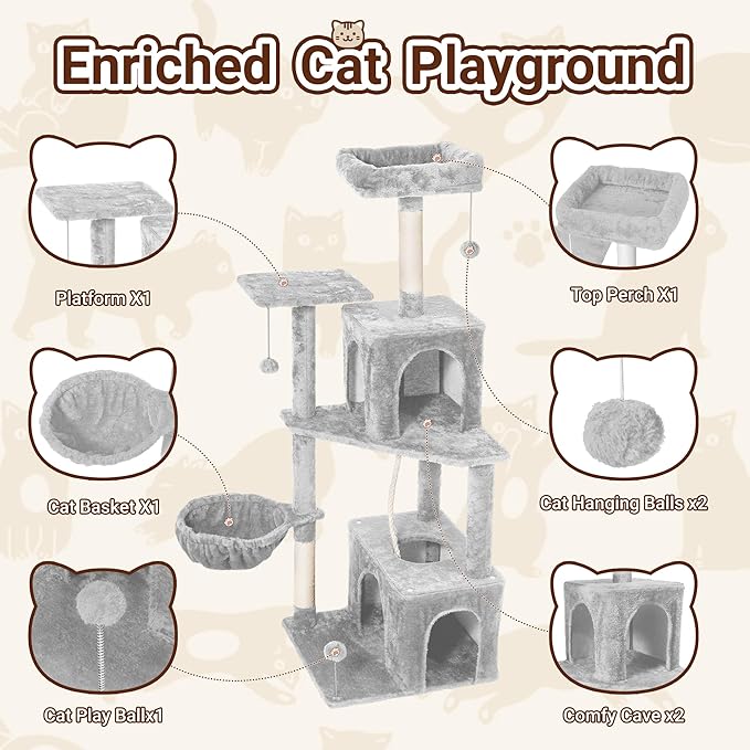 Cat Tree, 54-Inch Cat Tower for Indoor Cats,Plush Multi-Level Cat Condo with Scratching Posts, Basket, Perches (Light Grey01)