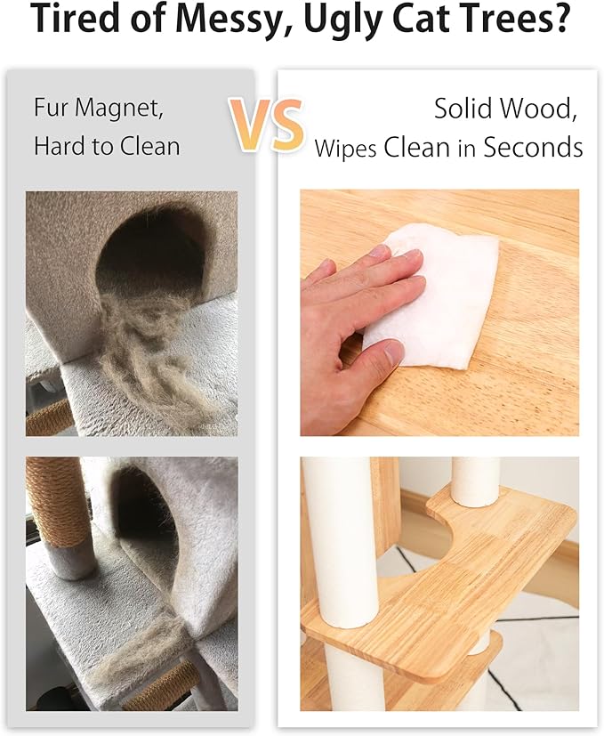 Wood Cat Tree for Large Cat, 62-Inch Tall Cat Tower with Scratching Post for Indoor Cats, Multi-Level Cat Condo with Hand-Woven Cat Bed and Acrylic Bowl Easy to Clean