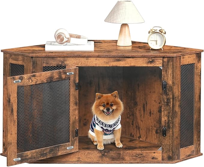 Corner Dog Crate Furniture, Wooden Dog Kennel End Table, Decorative Pet Crate Indoor Use, Furniture Style Dog House for Small Medium Dog, Dog Cage TV Stand, Rustic Brown DCRB0801