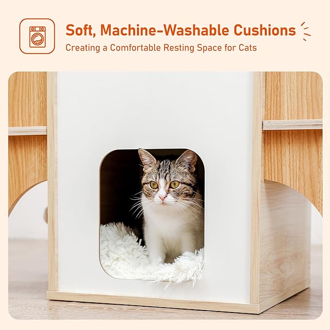 Modern Cat Tree Rocket Shape,54" Wood Cat Tower Multilevel for Indoor Cats, Cat Furniture with 3 Condos, Dangling Balls, Attic Perch