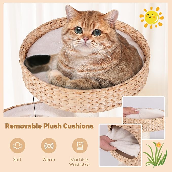 Tangkula Modern Cat Tree, 41 Inch Multi-Level Cat Tower with Cattail Fluff Condo & Top Perch, Hanging Toy, Bed, Removable Cushion, Sisal Scratching Posts for Indoor Cats, Natural