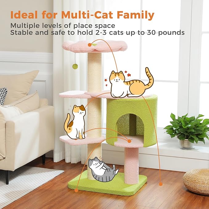 Flower 50-Inch Heavy-Duty Cat Tree for Large Cats - Sturdy Cat Tower with Extra-Thick Scratching Posts (φ4.3), Spacious Condo, 2-Layer Baseboard for Maine Coon & Big Cats up to 16 lbs, Pink