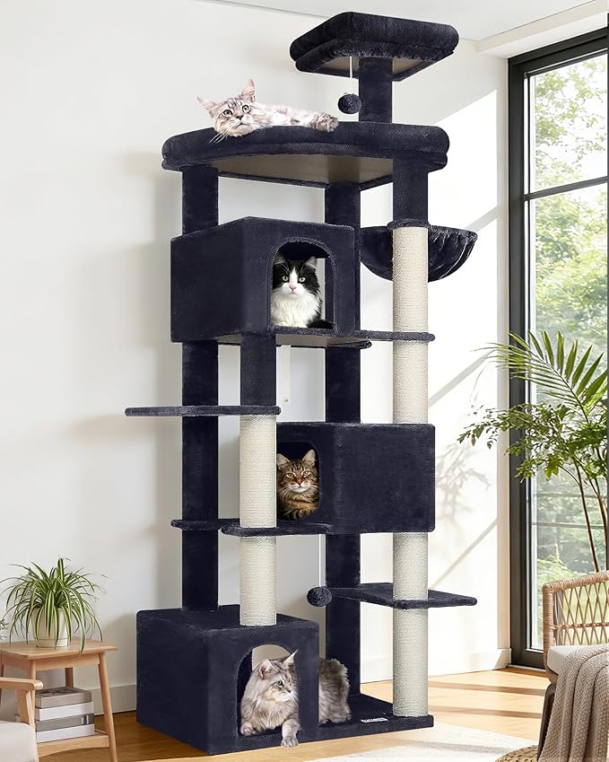 Globlazer Cat Tree for Indoor Cats, 80in Heavy Duty Cat Tower with 6 Full Wrapped Sisal Scratching Posts, 3 Spacious Multi-Level Cat Condos, Oversized Fan-Shaped Perch, S80, Dark Grey