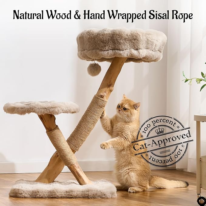 Natural Wood Cat Tree for Indoor Cats Large Adults, 33in Modern Cat Tree Tower with Super Soft Plush Cat Bed & Perch, Sisal Scratching Posts and Hanging Plush Ball, Soft Khaki