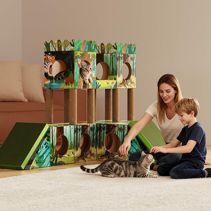DIY Cardboard Cat House, Multi-Level Cat Tree Tower with Scratching Posts, Scratching Board, Tunnel & Playhouse for Kittens & Adult Cats, Recyclable 61.02″ × 36.61″ × 40.2″, Green Forest
