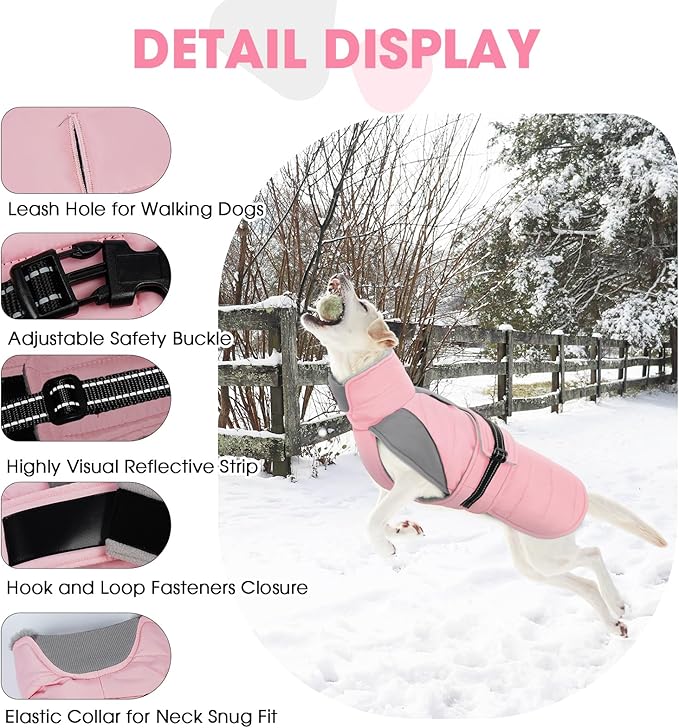 Nanaki Large Dog Coat Rainproof-Warm Giant Breed Dog Jacket With Leash Hole, Fleece Lining Reflective Great Dane Winter Coat Doberman Jacket For Cold Weather Outdoor Walking Hunting, Camping, Pink 3XL