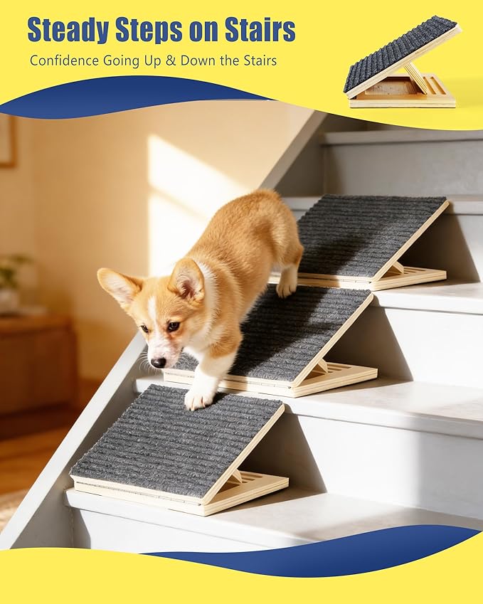 Dog Ramp for Stairs, 2 Pack Wooden Pet Steps for Small Dogs, Foldable Anti-Slip Stair Ramp for Senior, Short-Legged & Injured Pets, Adjustable Low-Angle Dog Stair Wedge