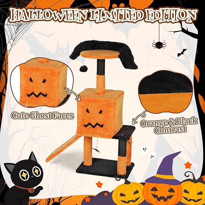 Outvita Halloween Cat Tree, 40" Cat Tower Cat Tree for Indoor Cats with Spacious Cat Condo, Sisal Scratching Posts, Hanging Toys, Orange & Black