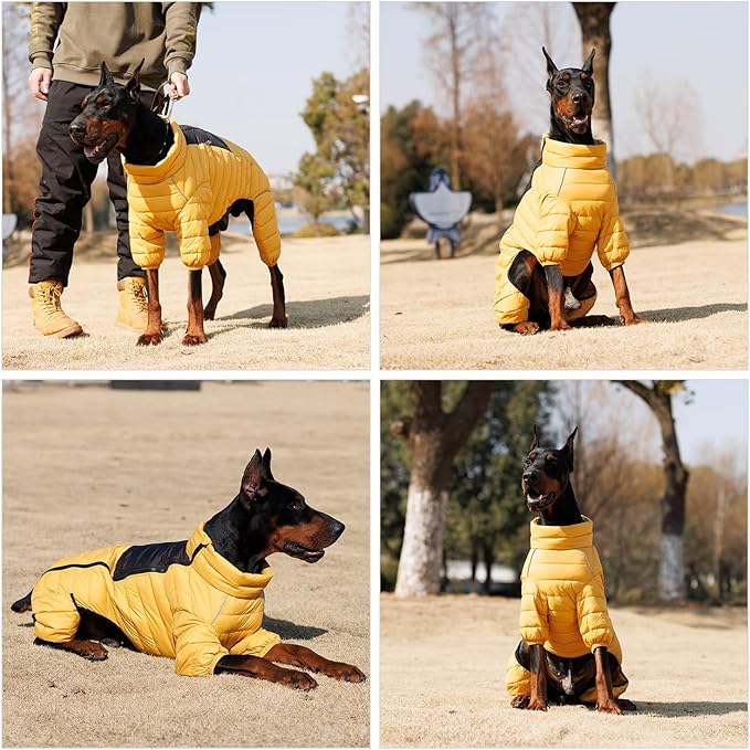 Lovelonglong Dog Coat - Warm Jacket, 4 Legs Covered Waterproof Windproof Reflective Dog Vest, Zippered Adjustable Outdoor Snow Jacket for Small to Large Dogs - Yellow