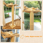54.3" Cat Window Perch with 3 Adjustable Roman Column Sisal Posts, Gray Fluffy Cusion, Drill-Free Suction Cups, Multi-Level Bird Watching Perch, 60 lbs Capacity