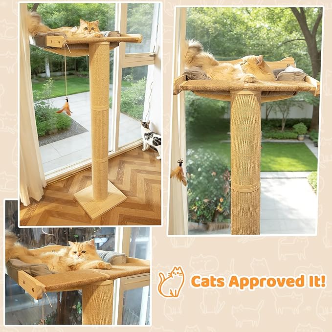 54.3" Cat Window Perch with 3 Adjustable Roman Column Sisal Posts, Gray Fluffy Cusion, Drill-Free Suction Cups, Multi-Level Bird Watching Perch, 60 lbs Capacity
